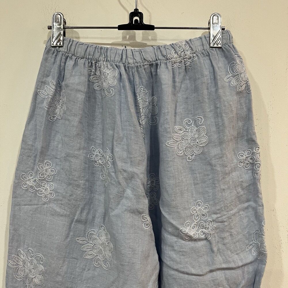 NWOT  Terzo Millennio Light Blue Wide Leg Linen Pants Embroidered Flowers Small - Picture 6 of 7